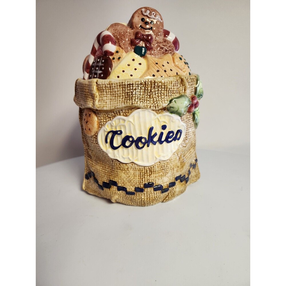 Vintage 1996 Jay Imports Ceramic Christmas Holiday Cookie Jar Burlap Sack Design